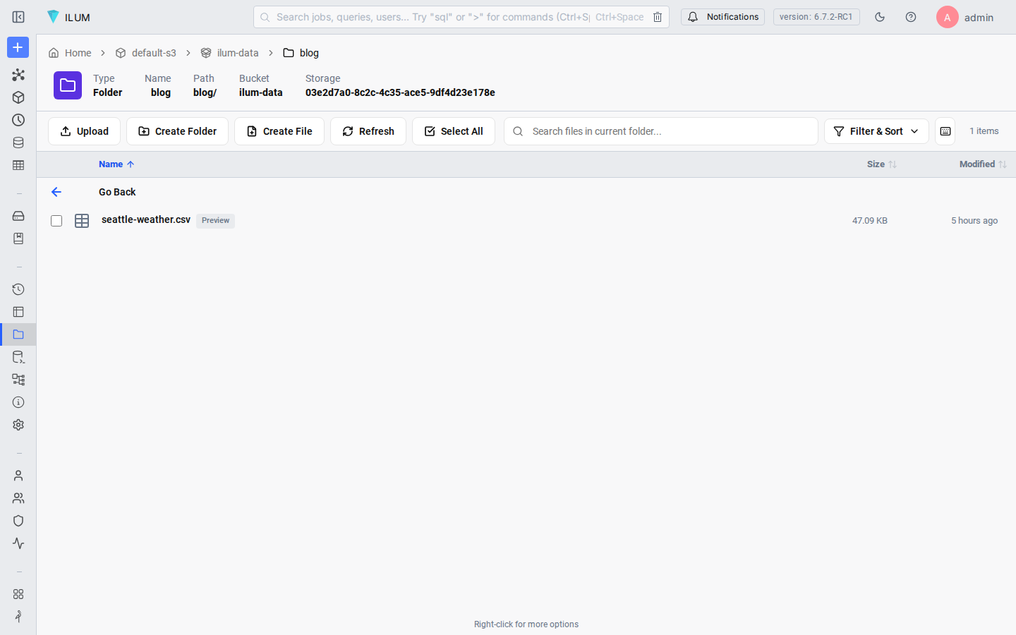 Ilum File Explorer showing CSV file in MinIO bucket before creating a Delta table