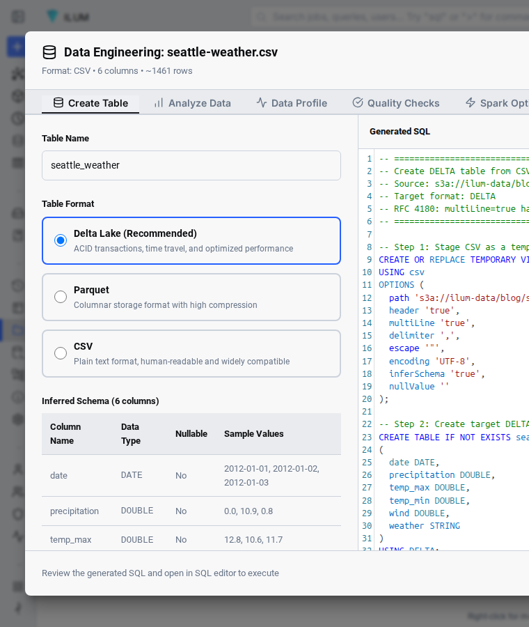 schema inference panel in Ilum DataEngineering modal showing column types inferred from CSV