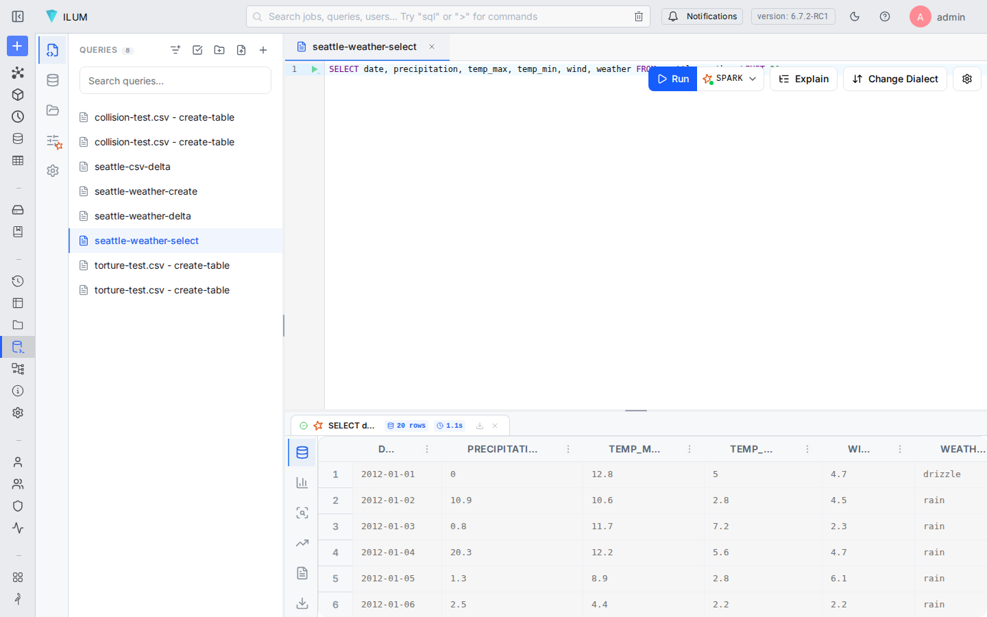 SQL query result showing first ten rows of newly created Delta table from CSV in Ilum