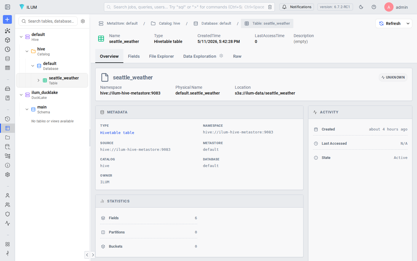 Ilum Table Explorer showing newly created Delta table schema from CSV file